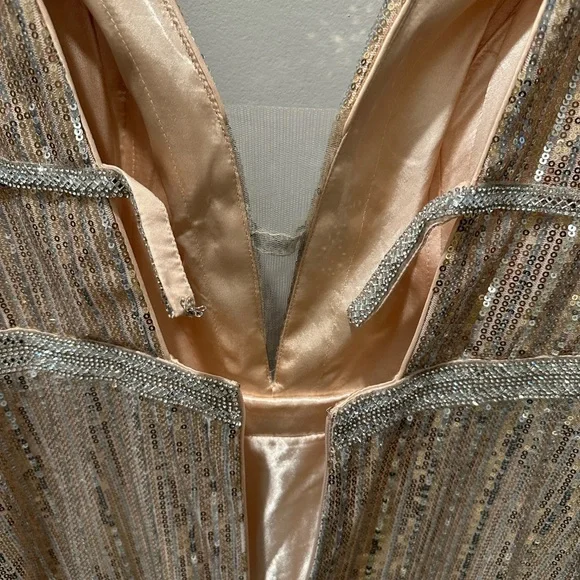 Mac Duggal Silver Metallic Plunge Neck Sequined Gown